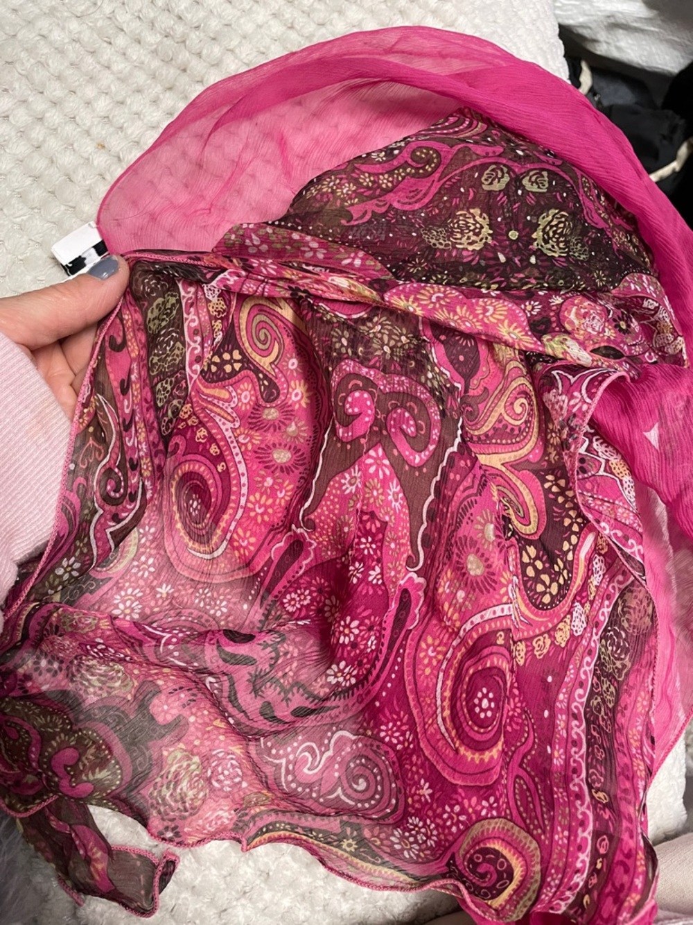 Rodier Paris 100% silk Pink Paisley Sheer double layer Scarf - - Picture 3 of 4